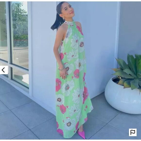 New! Express Floral Print Tie Halter Neck Open Back Maxi Dress, size L - Picture 3 of 16